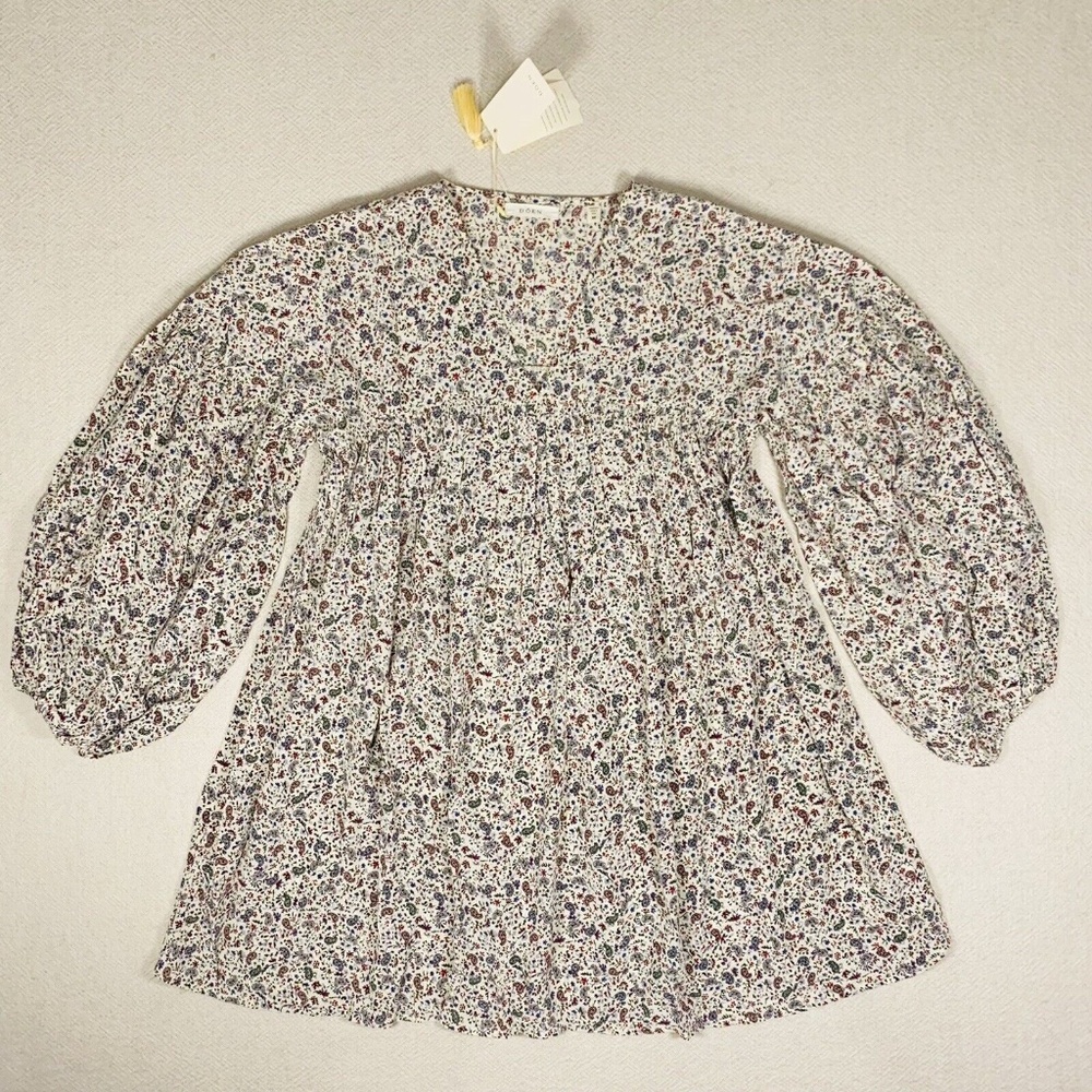 NWT DOEN sz M Pietra Silk Dress Cream Saint Claude Paisley Balloon Sleeve V-neck